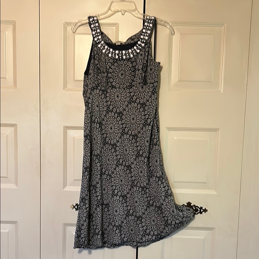 LOFT Black and White Embellished Sleeveless Dress